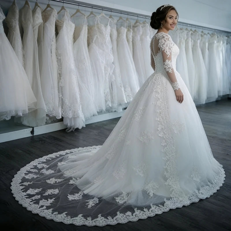 New Wedding Dresses Luxury Sexy Lace  O-neck Slim Long Train Wedding Dresses Bridal Gown
