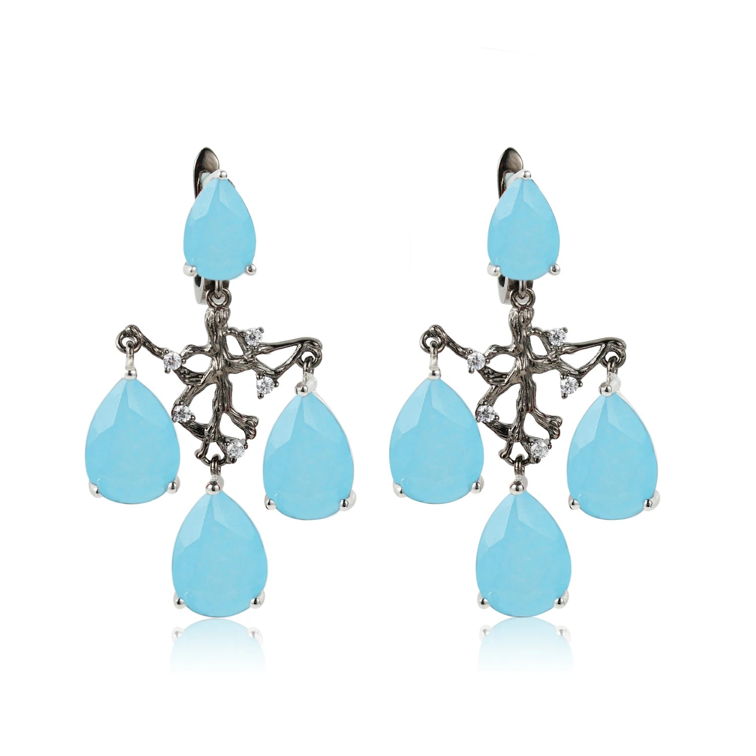 C8335 Abiding Shield Waterproof Branch Natural Aqua Blue Calcedony Women Earing Jewelry Custom Real Silver Earrings