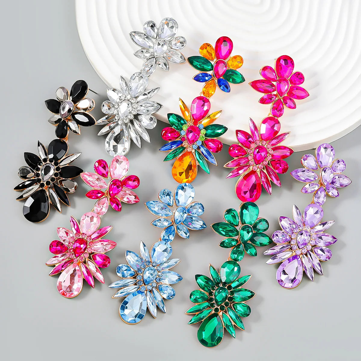 Gold Plated Statement Earrings Fashionable Crystal Water Drop & Geometric Flower with Layered Colorful Rhinestone Pearl Jewelry