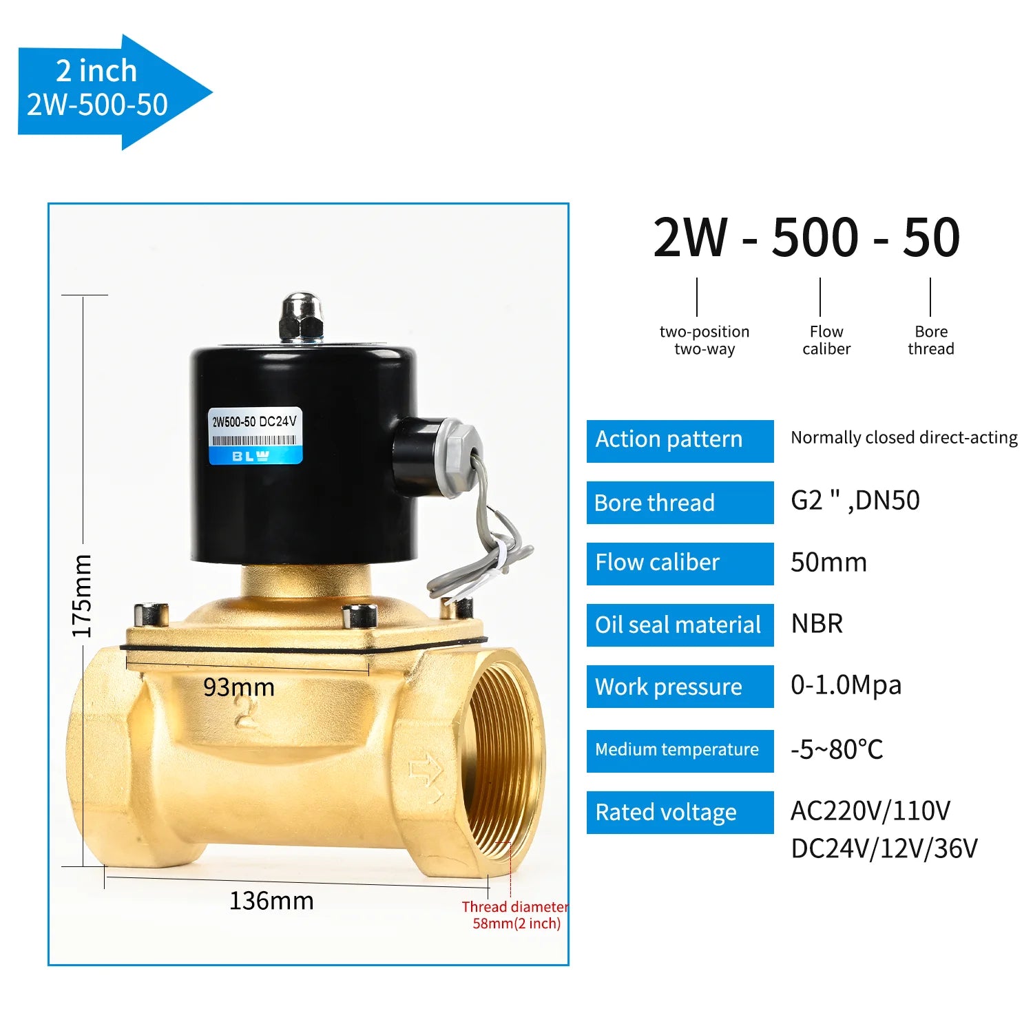 Brand New 2W500-50 Hydraulic Solenoid Valve 220V Temperature 2inch Two Way OEM Customizable Designed for DN50 for Water
