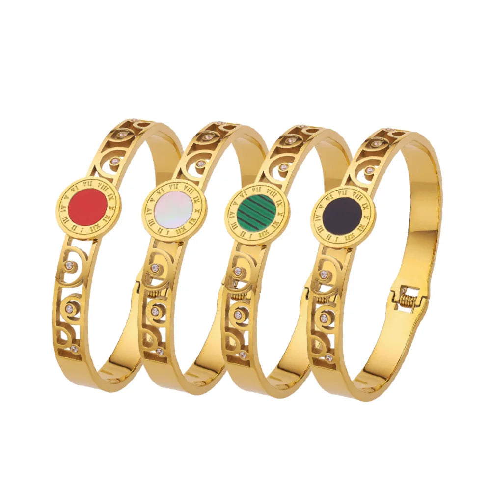 French Style Classic Stainless Steel Roman Numeral 8MM Bracelet Vintage Trendy Hollowed Bangle For Women