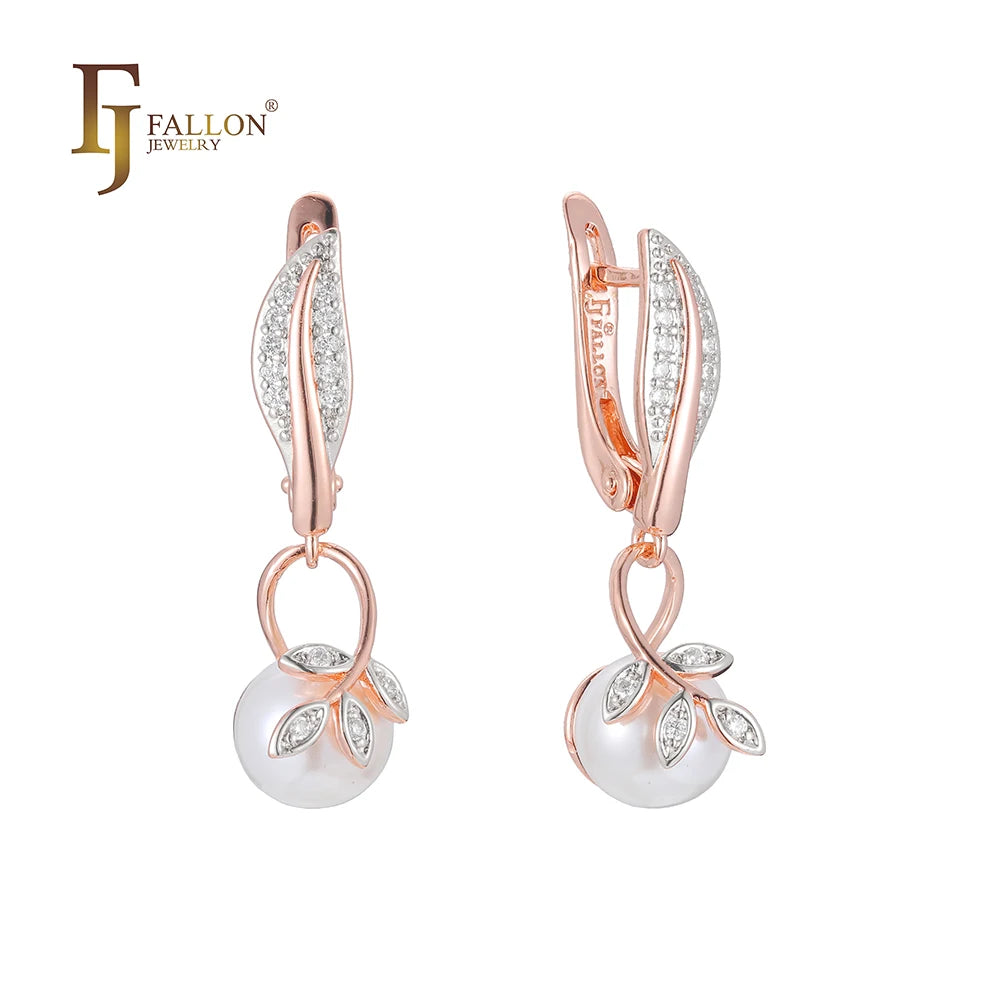 FJ Fallon Fashion Jewelry Life Leaves Pearl Drop Earrings Plated in 585 Rose Gold Two Tone Brass Based