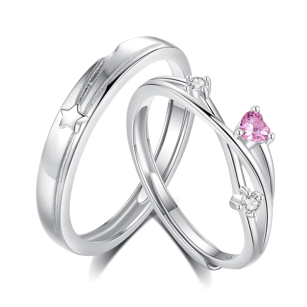 Light Luxury Fine Jewelry Couple Rings 925 Sterling Silver Adjustable Star Pink Heart Matching Ring Set for Men Women Lover