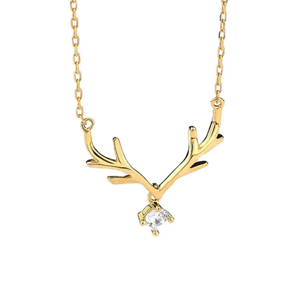 Christmas Jewelry 925 Sterling Silver Cubic Zirconia Necklaces Jewel Gold Plated Animal Antler Deer Pendant Necklace for Women