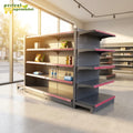 Metallic Double-Sided Heavy Duty Gondola Rack with Solid Shelves for Supermarkets Grey Epoxy Powder Coated