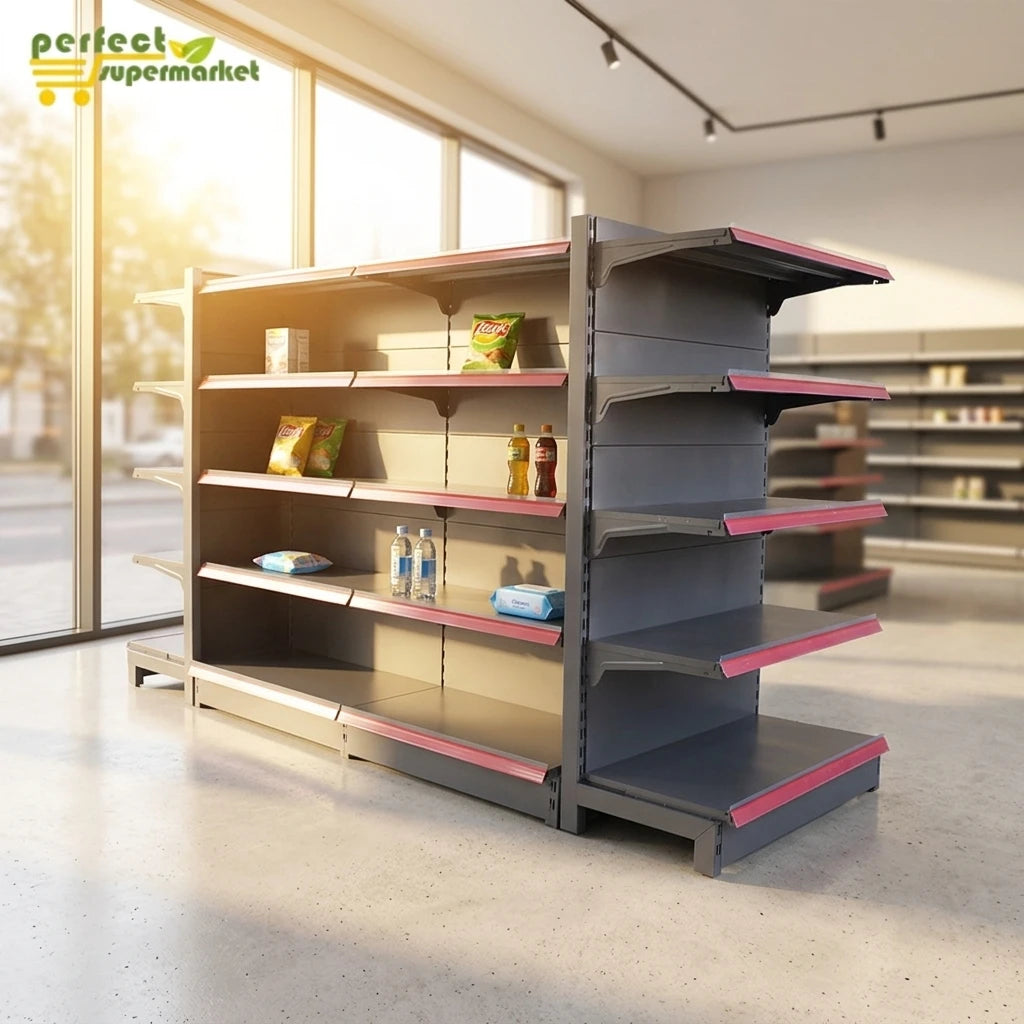 Metallic Double-Sided Heavy Duty Gondola Rack with Solid Shelves for Supermarkets Grey Epoxy Powder Coated