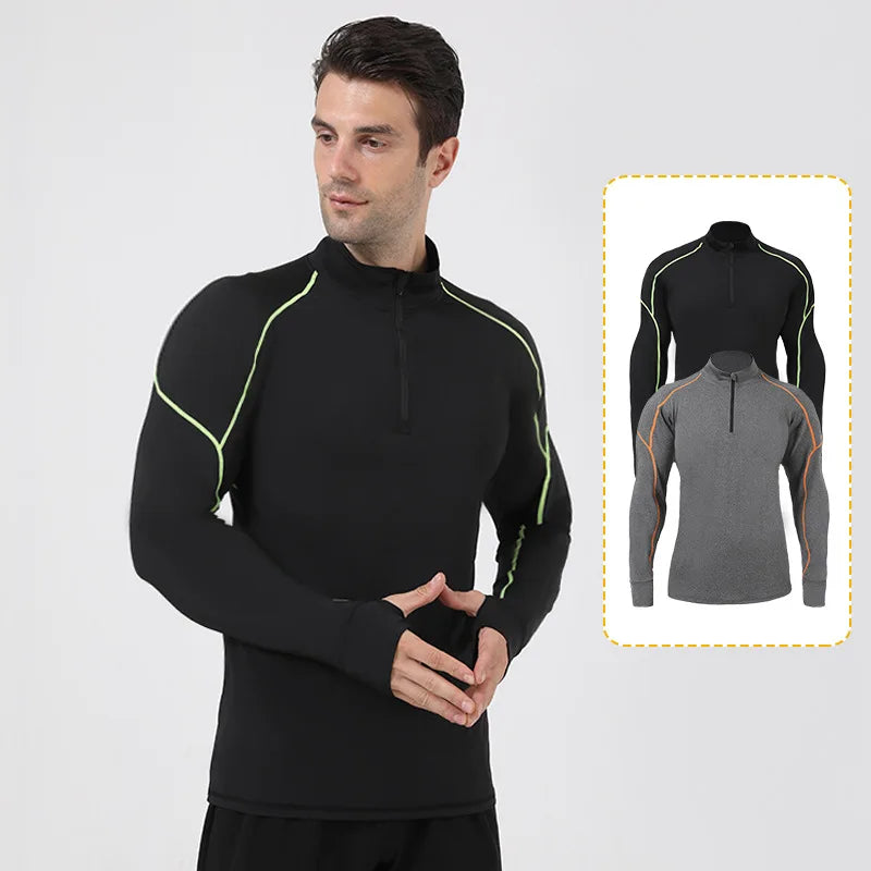 Autumn Winter PRO Sports Running Training Compression Shirt for Men Half-Zip Stand Collar Long Sleeve High Elastic Quick-Dry Gym