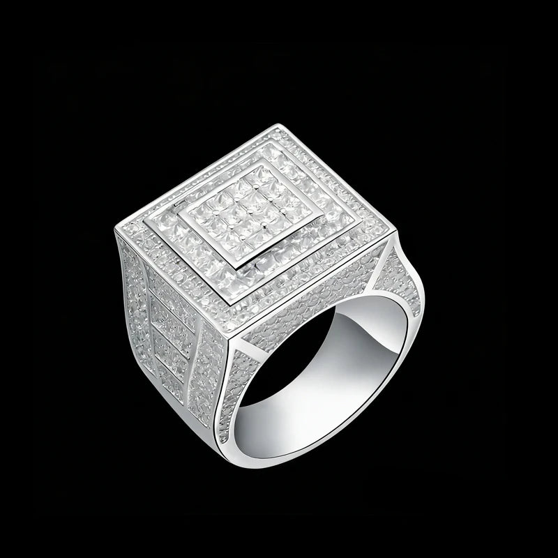 Bold Silver-Tone Statement Jewelry Men's Hip Hop Square Ring with Full Cubic Zirconia Inlay for Streetwear Style