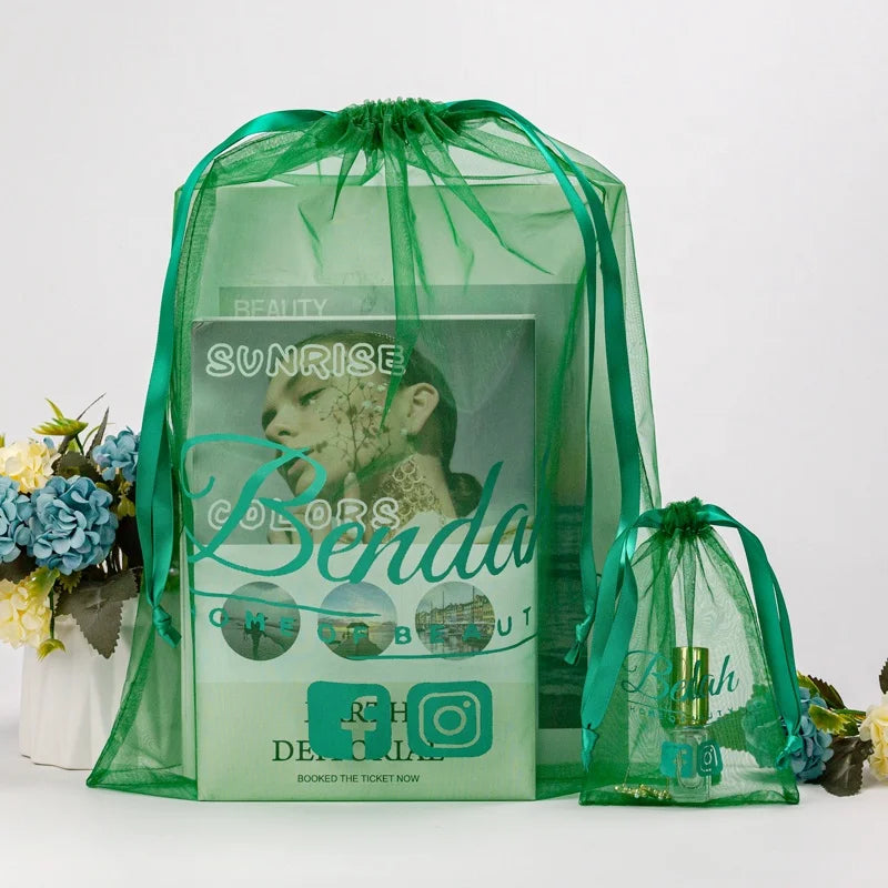 Custom Logo Drawstring Green Pouch Books Mesh Packaging Organza Bag