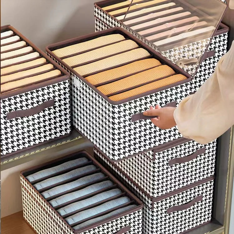 New Style Household Foldable Houndstooth Fabric Injection-Molded Eco-friendly Reusable Boxes Handle for Clothing Organizer