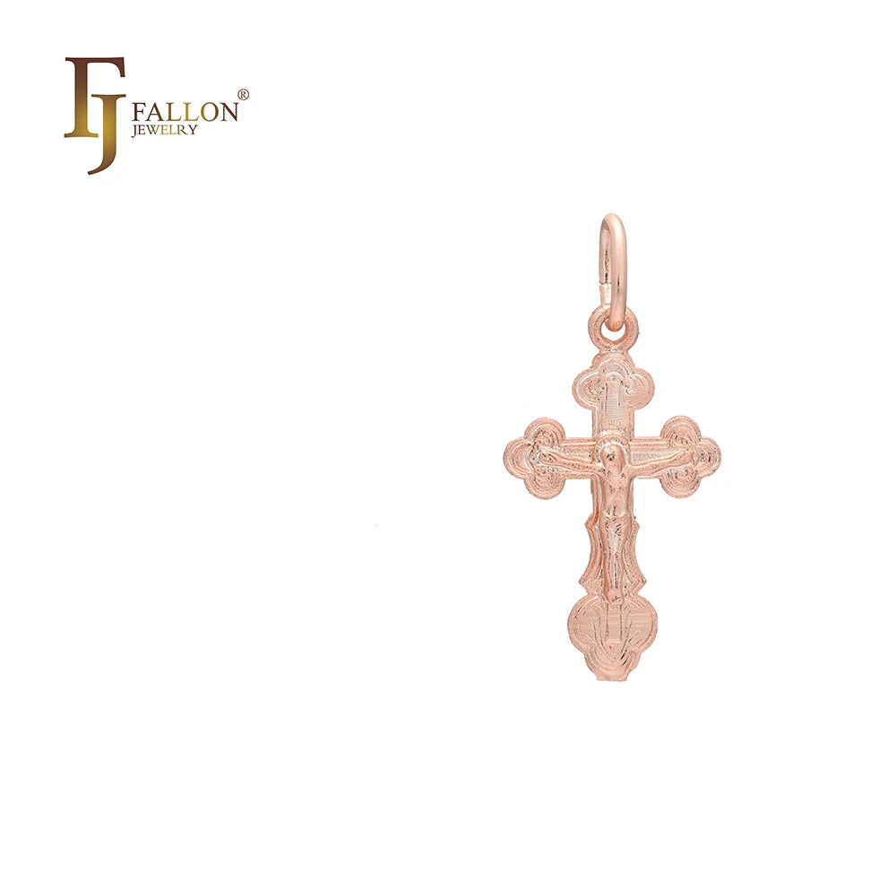 FJ Fallon Fashion Jewelry Catholic Cross Budded Pendant Plated in Rose Gold Brass Based
