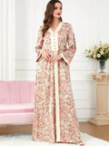 Women Floral Print Abaya Muslim Moroccan Kaftan Long Sleeve Evening Party Abaya Turkey Caftan Islamic Ethnic Clothin