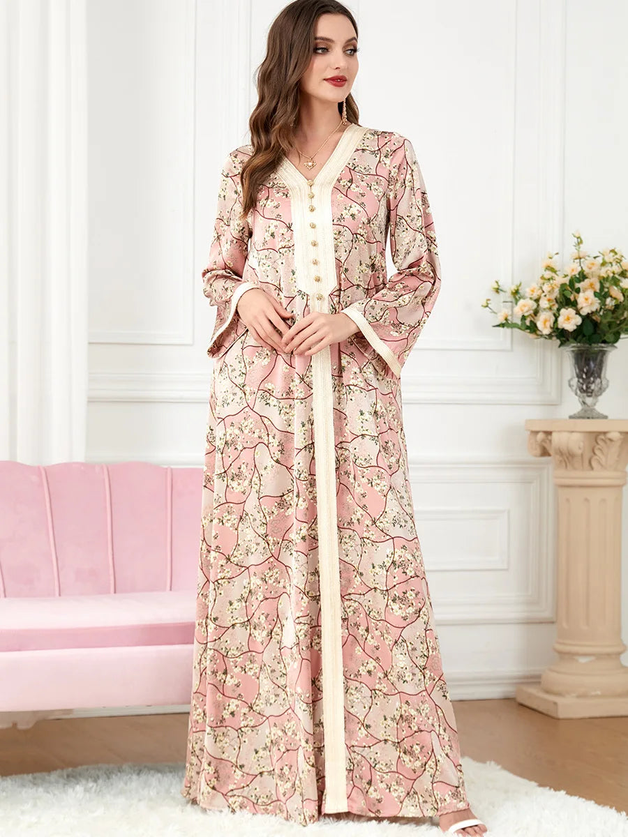 Women Floral Print Abaya Muslim Moroccan Kaftan Long Sleeve Evening Party Abaya Turkey Caftan Islamic Ethnic Clothin