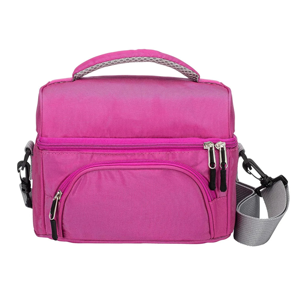 pink Small Women's Insulated Lunch Box Bag with  Adjustable Strap Zippered Outer Pocket Internal Mesh Pocket