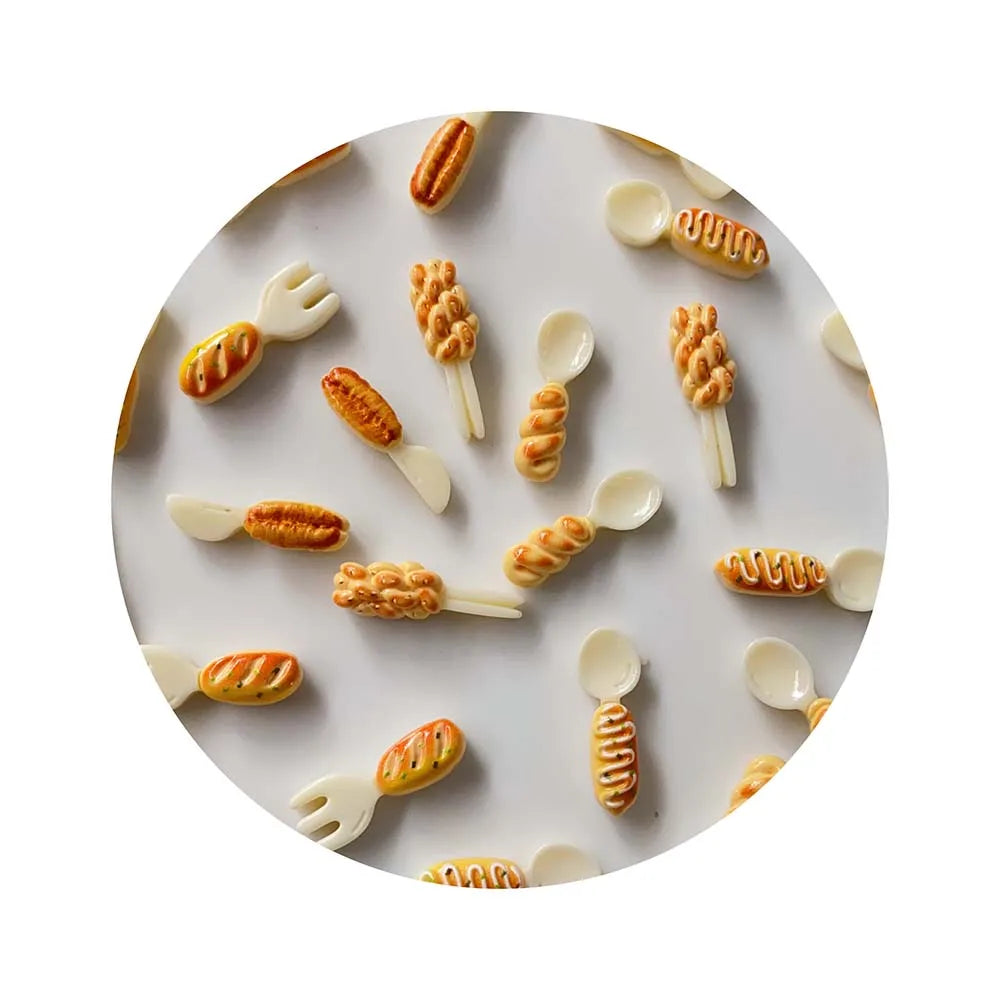 Funny Food Themed Spoon Fork Knife Flatback Resin Cabochons 100Pcs/Lot Lovely Bread Tools for Kitchen Room Doll House Decor