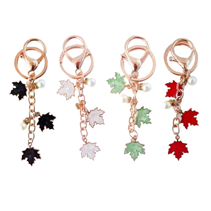 In Stock New Design Gold Plated Maple Leaf Shape Pearl Pendants Enamel Plant Metal Keychain