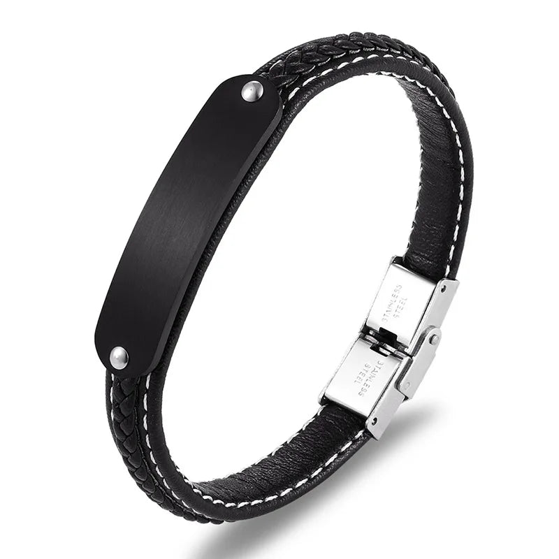 Popular DIY Customer Logo Band Engraved Stainless Steel Bracelet Vintage Genuine Leather Cuff Bracelet for Men Fashion Jewelry