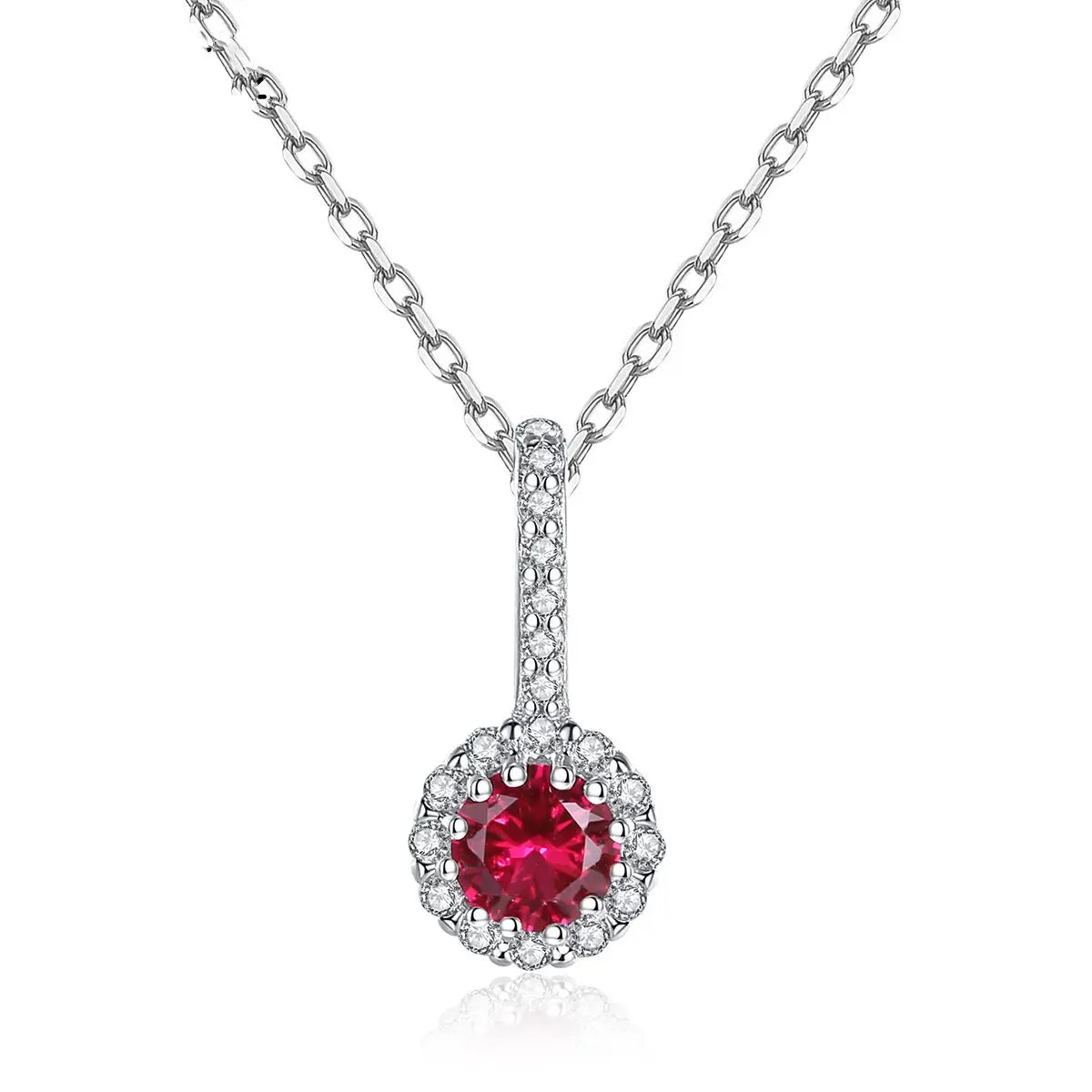 Fashion Jewelry 925 Sterling Silver Round Cut Simulated Ruby Gemstone Halo Pendant Necklace for Women Girls Birthday Gifts