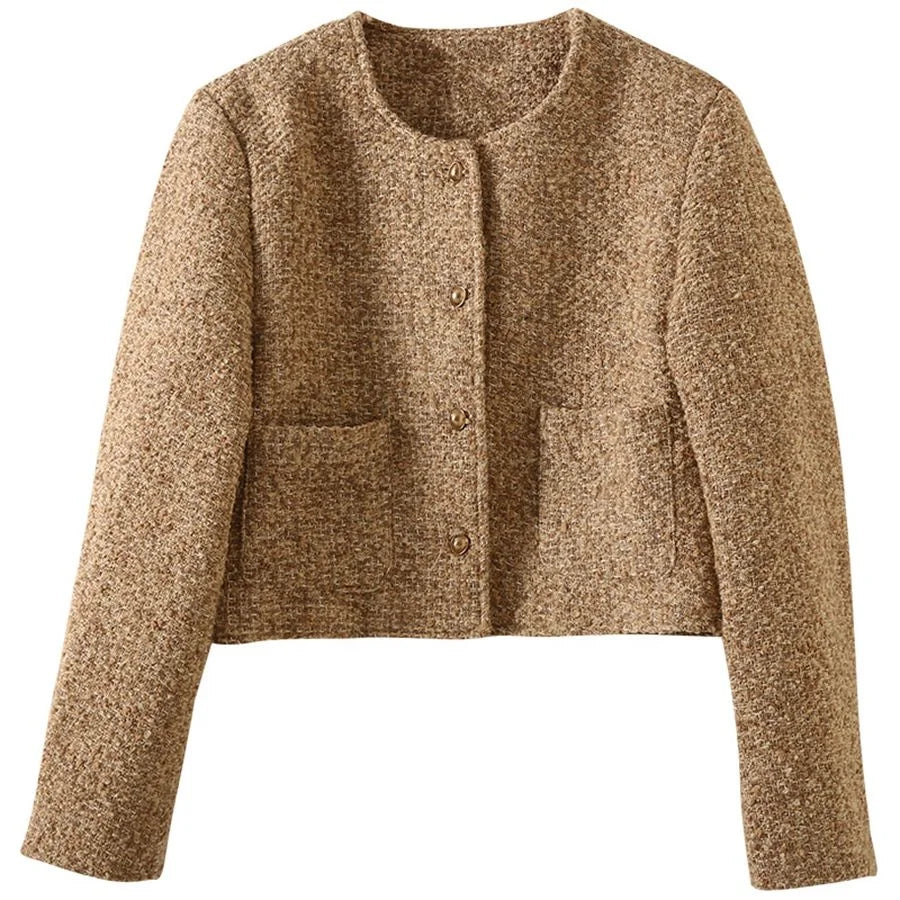 Autumn New Tweed Knitted Coat Women's Casual Versatile Round Neck Single Breasted Coat