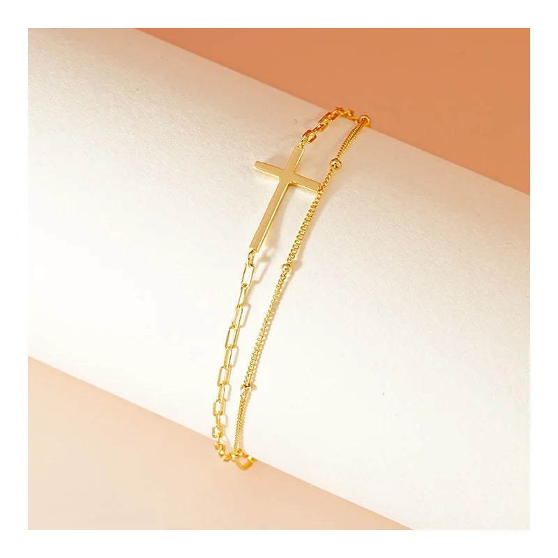 Wholesale Trendy Designer Bracelets 925 Sterling Silver Femme Women's Gold Plated Double Layer Chain Jesus Cross Charm Bracelet