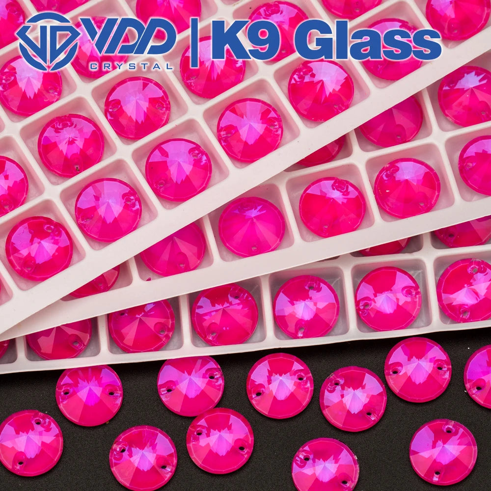 VDD 12mm Rivoli K9 Neon Rose Glass Sew on Rhinestones Sewing Crystal Flatback Stones for Clothes Accessories Wedding Dress