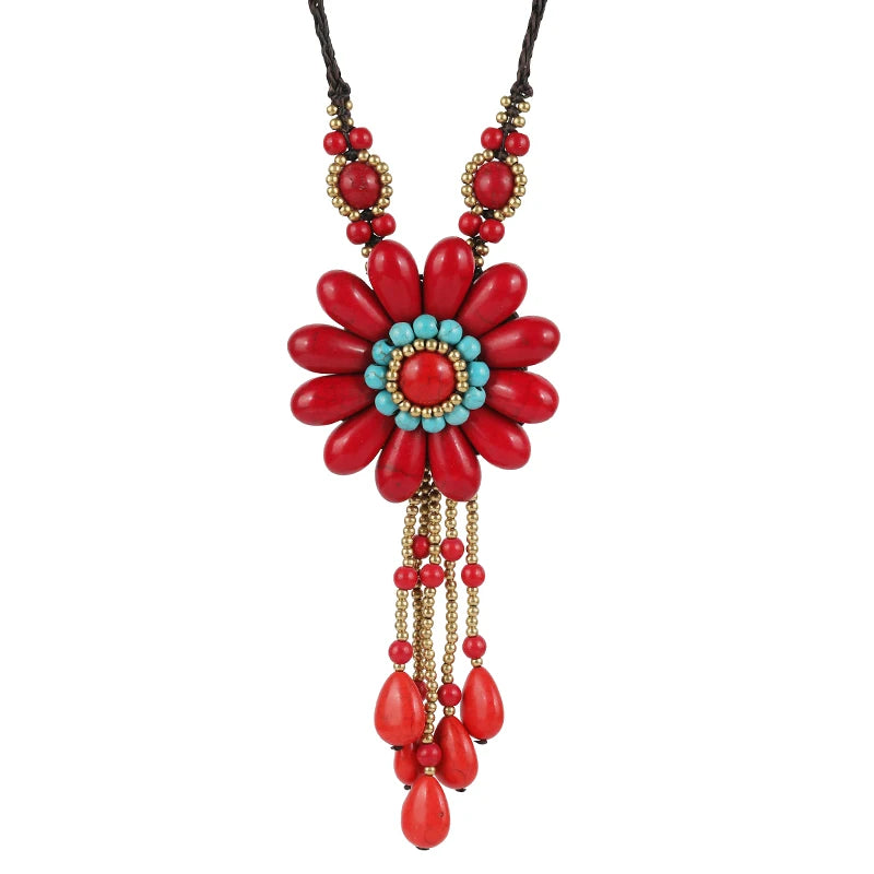 For Original Bohemian Turquoise Flower Pendant Necklace Handwoven Large Size Colorful Gypsy Statement Fashionable Statement Gift