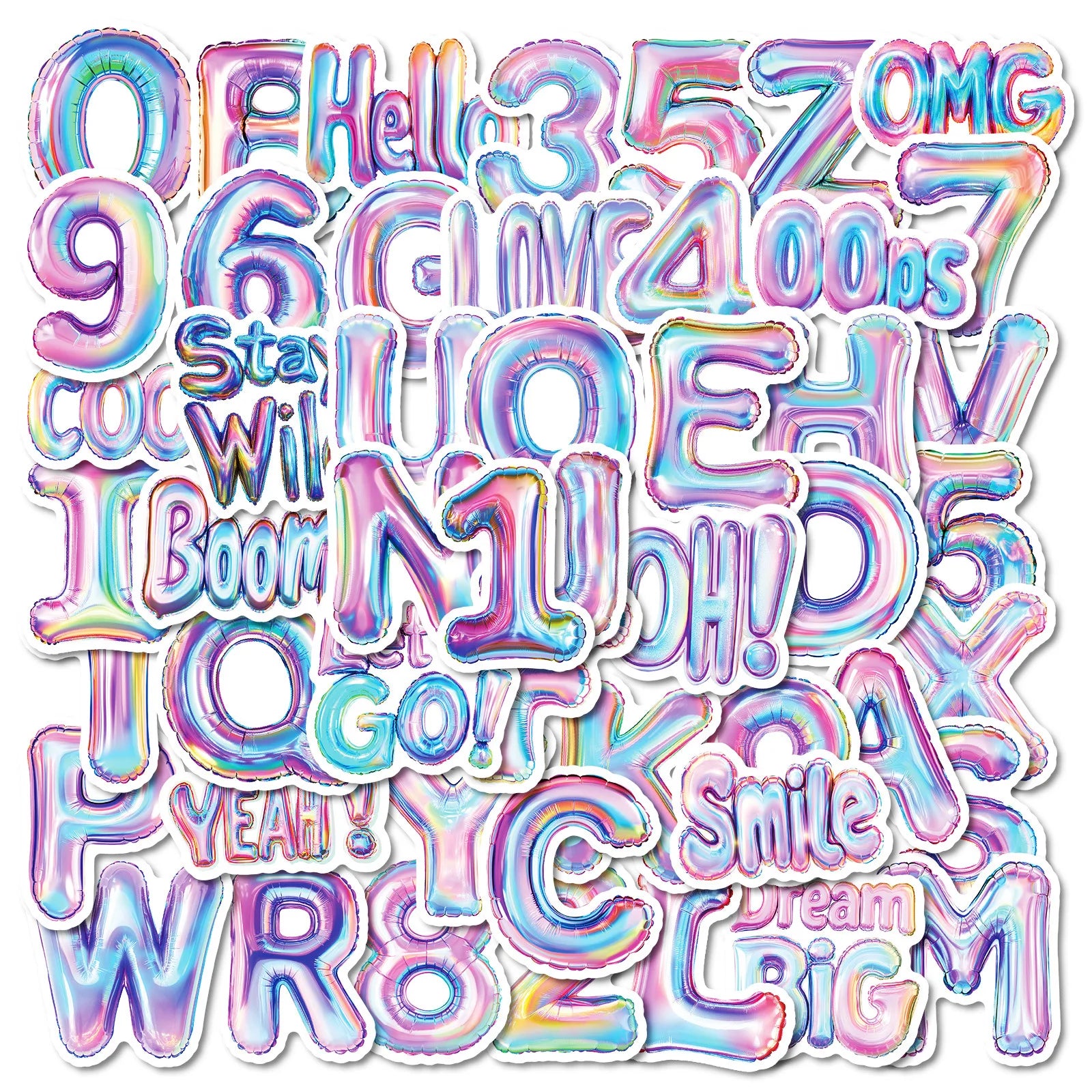 50PCS Fake laser English Letter colorful number sticker