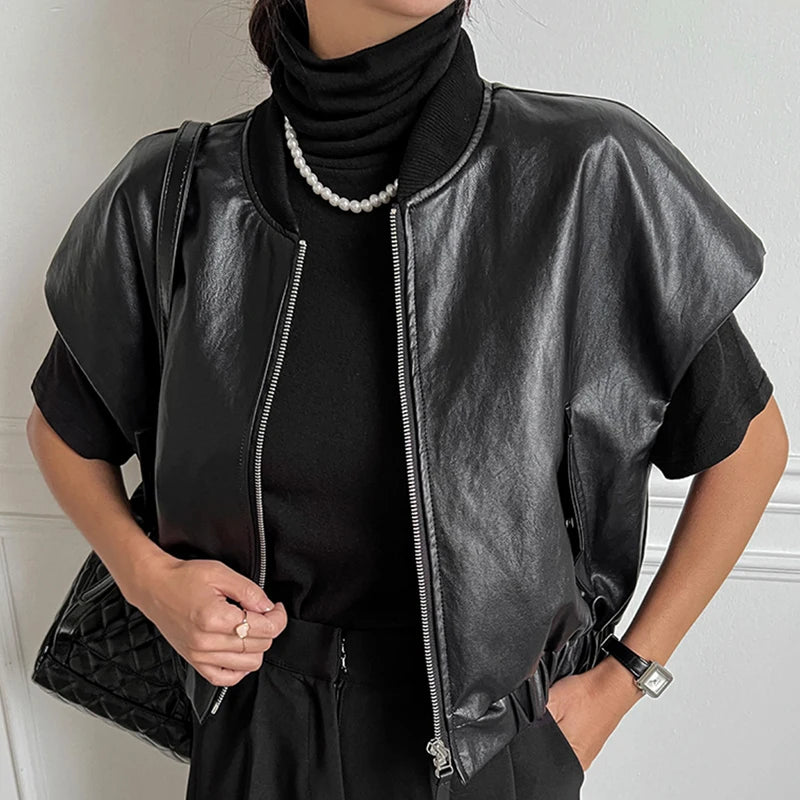 Wholesale 2026 Autumn Retro Premium Round Neck Zipper PU Leather Loose and Versatile Sleeveless Women's Vest