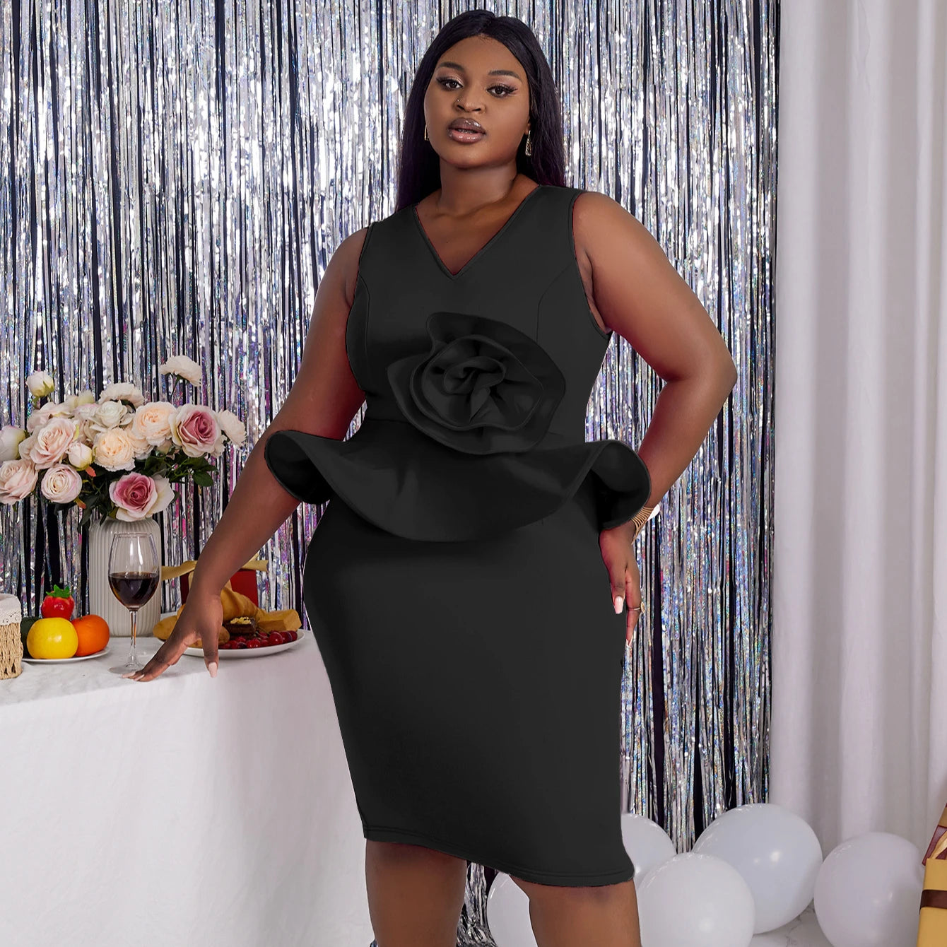 Black AOMEI Peplum Ruffle Curvy Wedding Fabric Lady Prom Party Dress