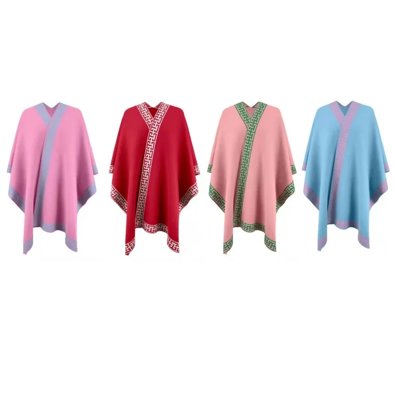 Custom OEM ODM Manufacturer Sorority Women's Crewneck Knit Poncho Cotton-blend Colorblock Sweater Poncho