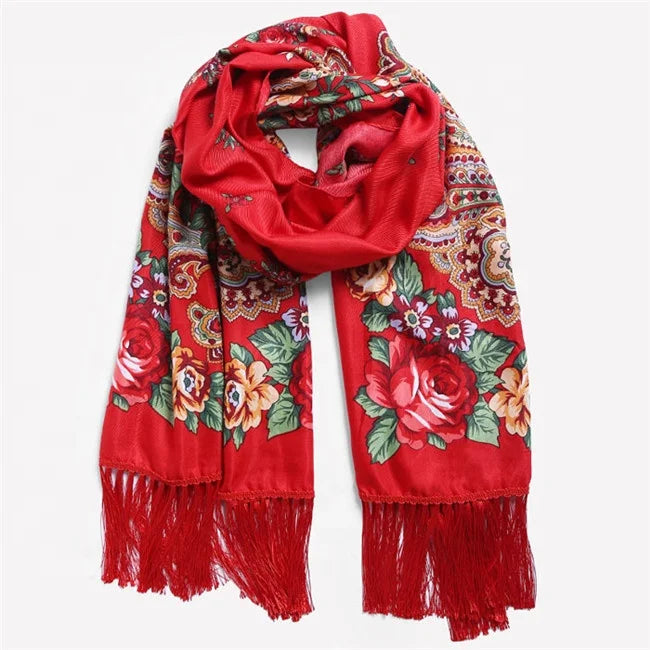 2023 Lady Ethnic Floral Printing Long Head Wrap Babushka Cotton Russian Pashmina Scarf Shawls