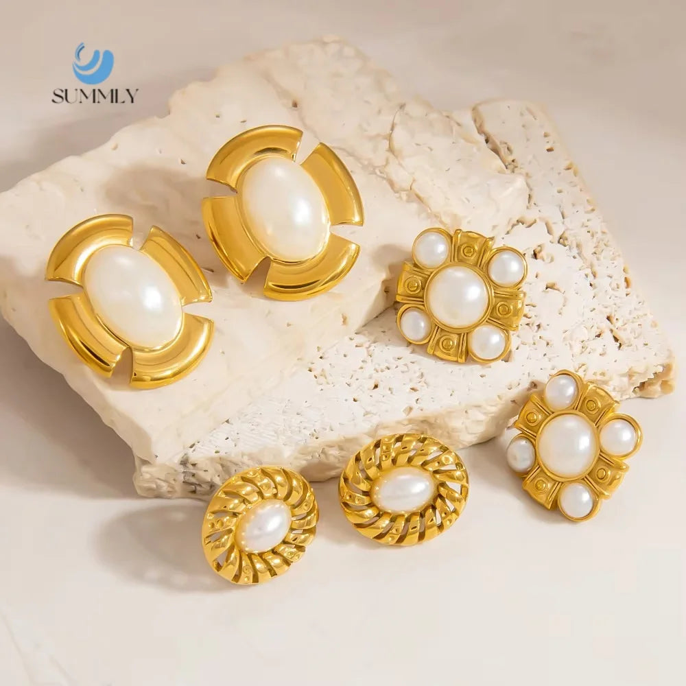 SUMMLY Vintage Pearl Earrings - 18K Gold Plated Stainless Steel Fashion Jewelry with Unique Design Wholesale