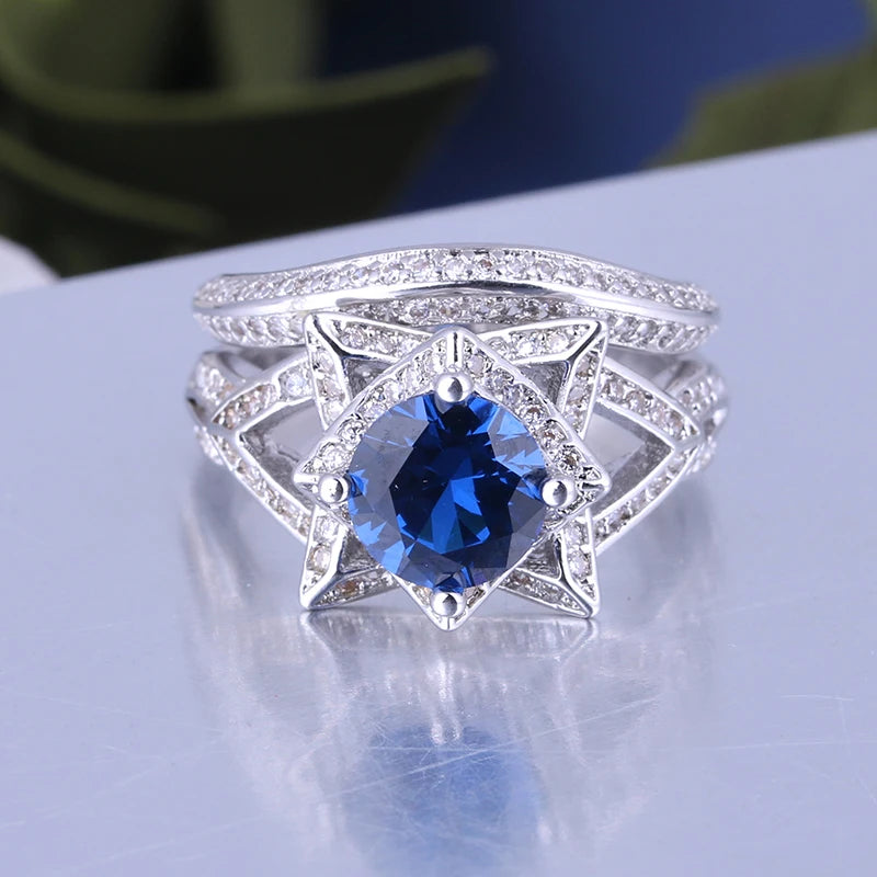 Fashion Cluster Jewelry Rings High End 925 Sterling Silver Rhodium Plated Blue Zircon Ring Set for Men Women Everyday Wear