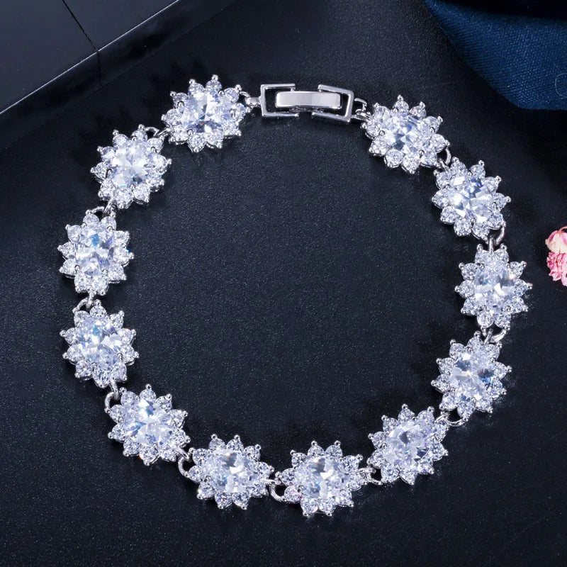 8 Colors Elegant Silver Plated Sparking White CZ Stone Flower Charm Tennis Bracelets for Women Wedding Bangle Jewelry Gifts