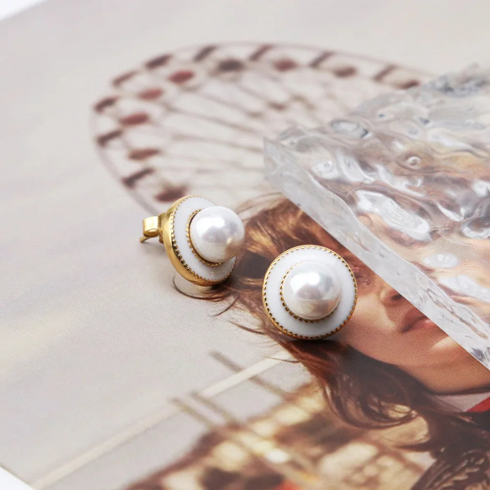Chris April Asymmetry Design 316L Stainless Steel Pvd Gold Plated Pearls White Enamel Stud Earrings