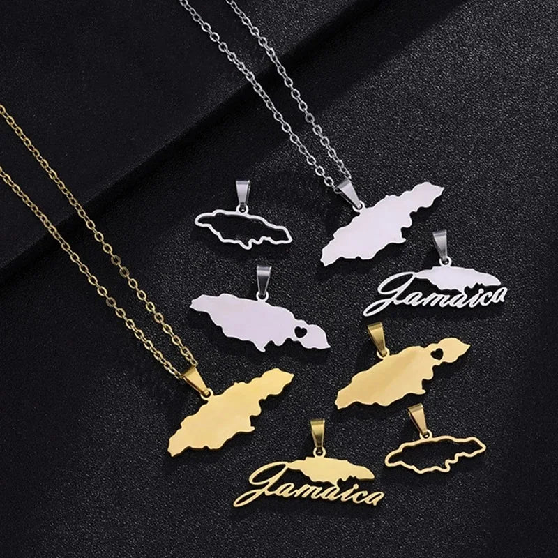 Enameled Jamaica Map Charm Chain Necklaces Stainless Steel 18K Gold Plated Enamel Jamaica National Flag Map Pendant Necklace