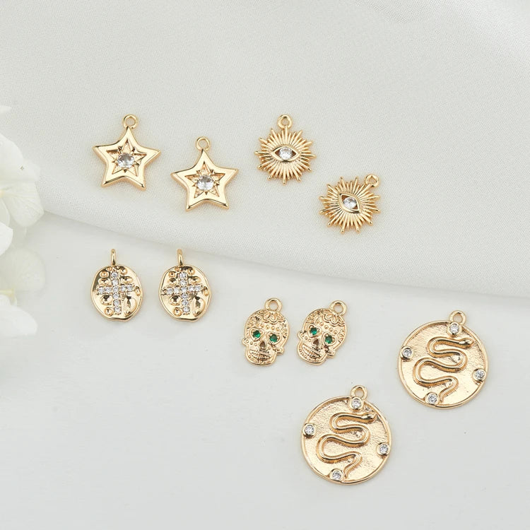 Wholesale Brass Cubic Zirconia Cross Snake Skull Shape 14K Gold Plated Necklace & Bracelet Charms for DIY Jewelry Making