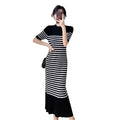 Summer New Korean Style Knee-length Temperament Dress Black and White Contrast Striped Slim Knitted Dress for Women