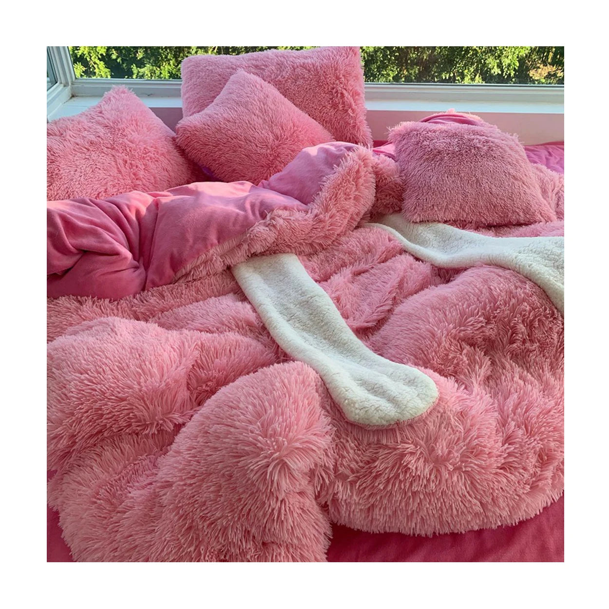 IDOTEX Luxury 4pcs Bedding Set New Pink Boho Printed Pillows Comforter with Plush Rabbit Ears Fluffy Luxury Comforter Covers