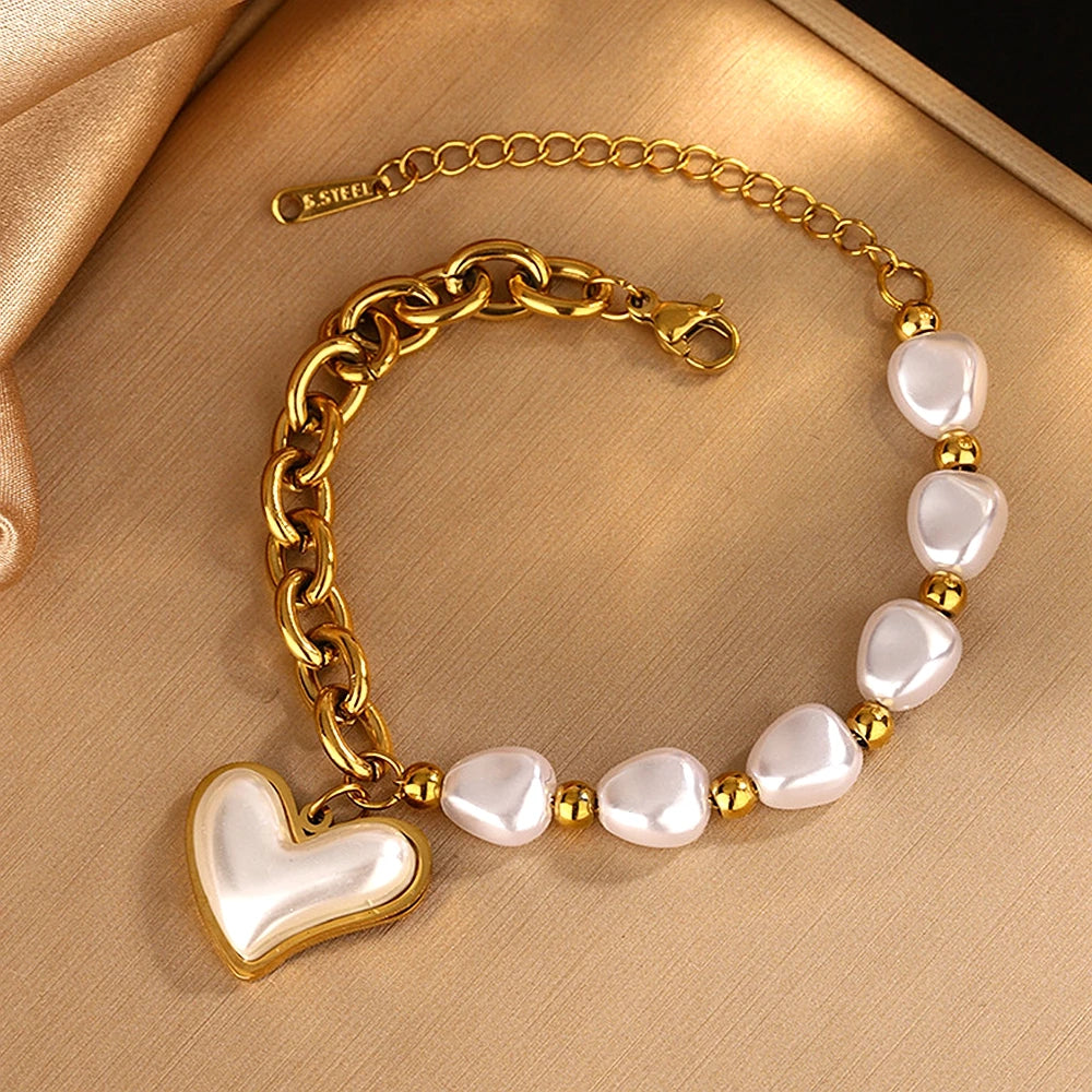 MECYLIFE Elegant Women Heart Charm Bracelet Dainty Pearl Bracelet Stainless Steel 18K Gold Jewelry Bracelets