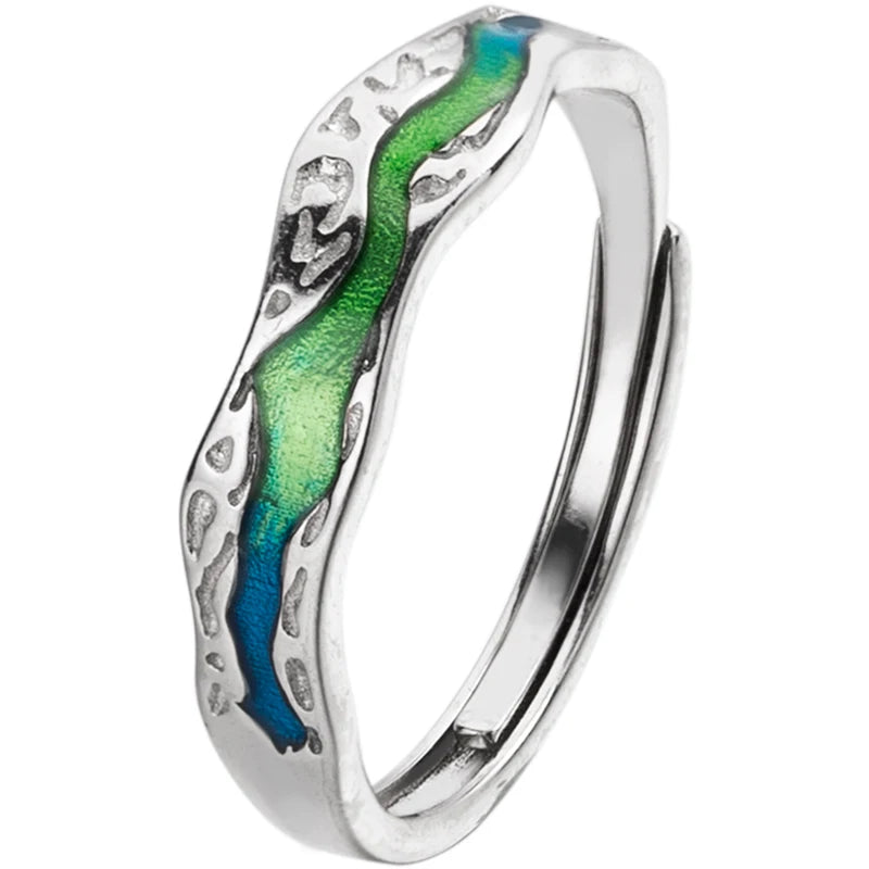 925 Sterling Silver Irregular Shape Aurora galaxy Ring Couples Enamel Inlay Size Adjustable