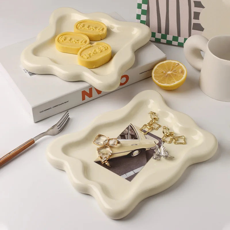 Solhui Luxury Cream Ceramic Storage Jewelry Plate Decoration Tray Tableware Splashed square Snack Dessert Plates