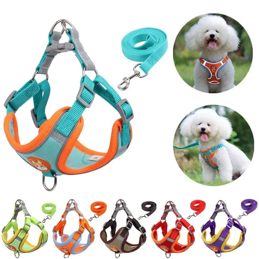 Luxury Adjustable Reflective Nylon Leather Sustainable Pet Dog Vest Chest Back Soft Mesh Padded No Pull Leash Training Harness MegaBDM