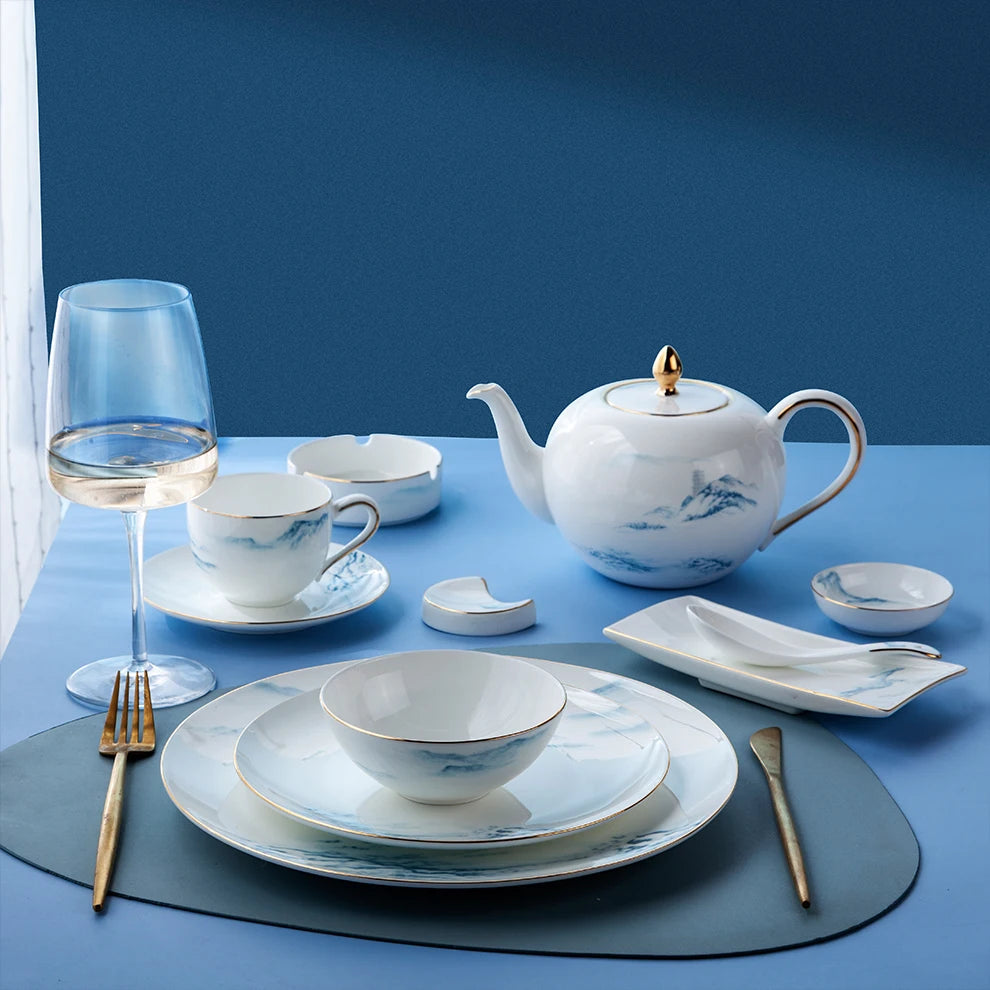 Wholesale Eco-Friendly Stocked Microwave Safe Plate Bowl Mug Set Asian Zen Gold Inlay Ceramic Fine Bone China Dinnerware Sets