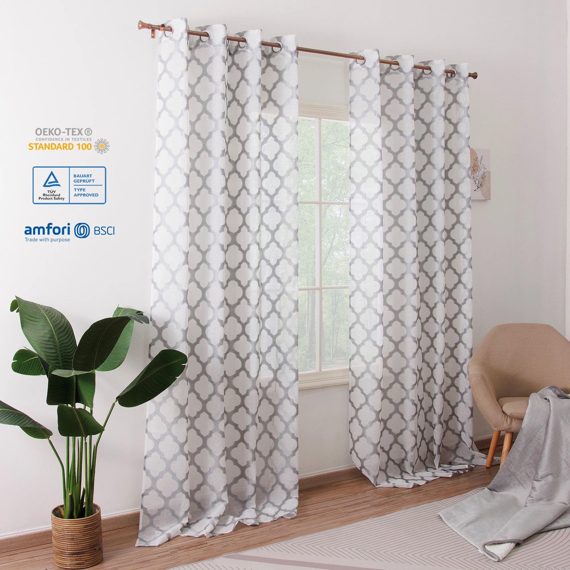 Custom Pattern Geometric Shiny Semi Sheer Tulle Curtains for Living Room Window Decor Drapes & Valances