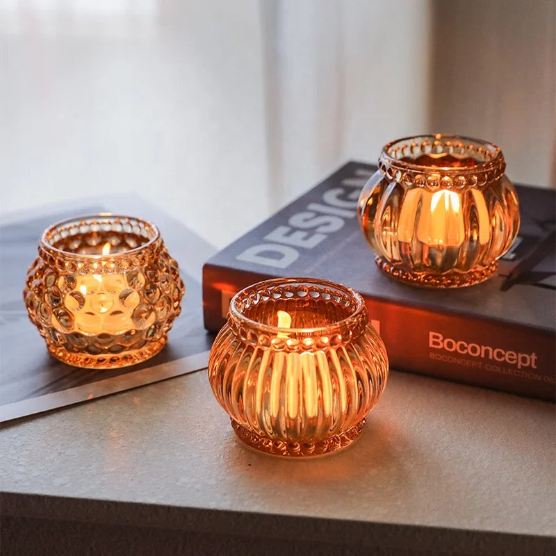 Light Luxury Vertical Amber Glass Round Candle Holder Romantic Cup Design for Home Christmas Decor