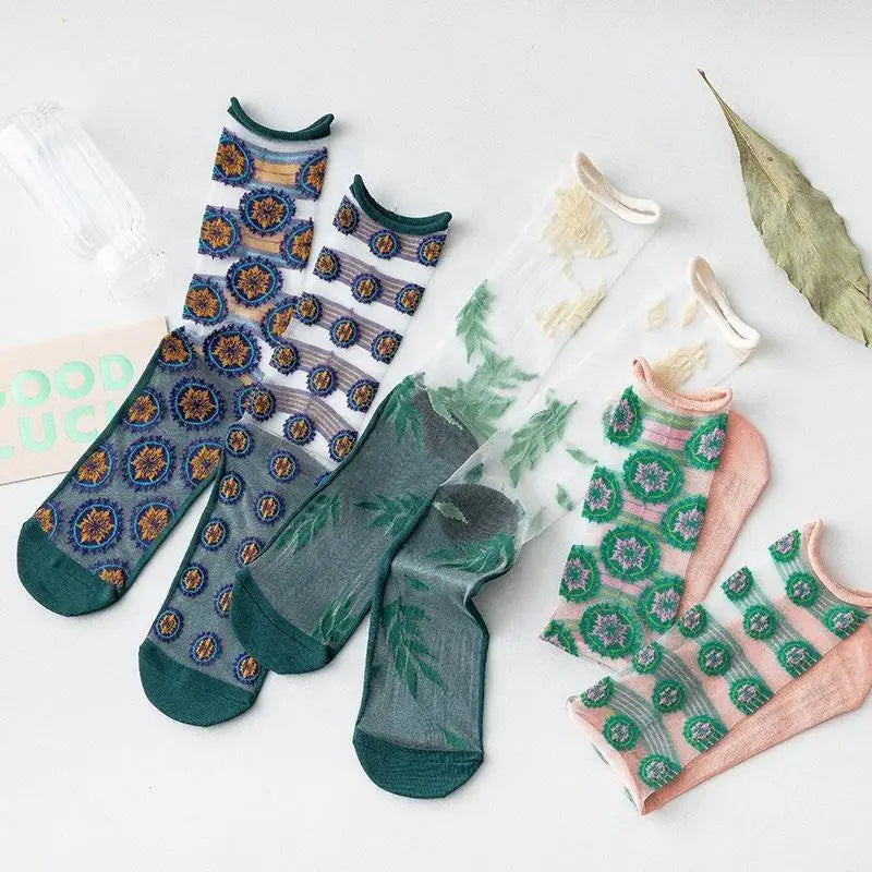 Wholesale Summer Asymmetric Ab Nylon Thin Socks Women Trending Crystal Mesh Sheer Crew Socks