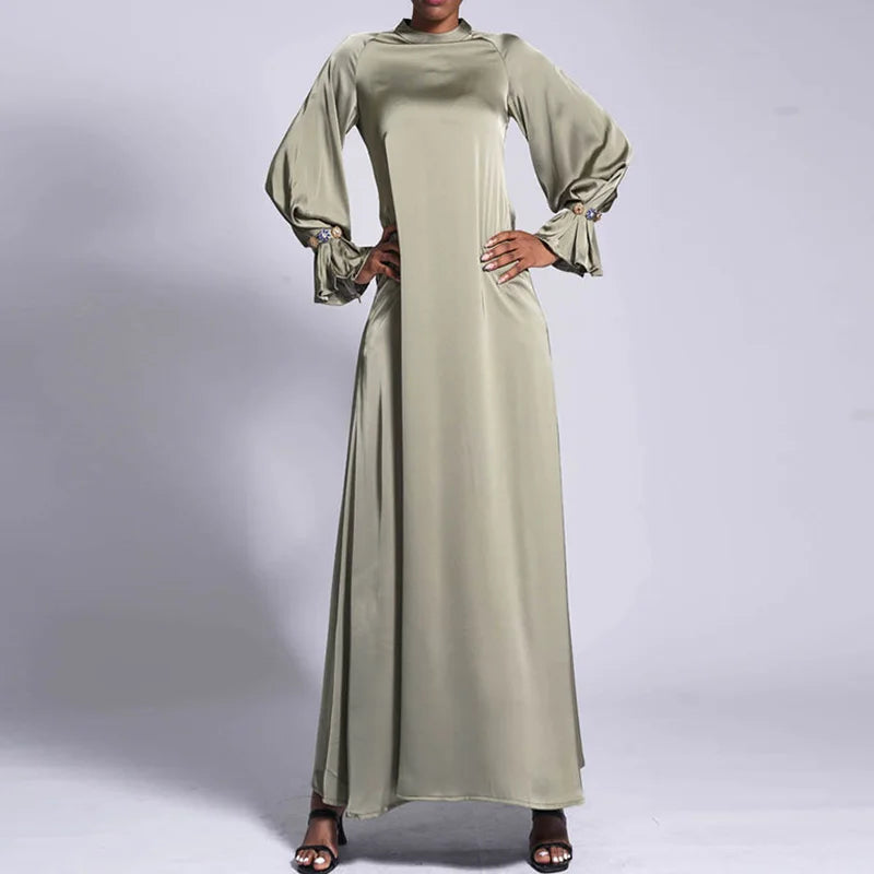 Modest Ethnic Islamic Clothing Ramadan Robe Ruffle Sleeve Diamond Cuff Maxi Dress Satin Abaya