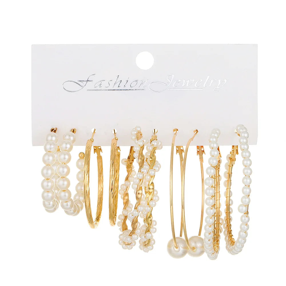 DUYIZHAO Ins Geometric Chunky Twisted Small Big Hoops Earring Packs Set Pearl Gold Hoop Earrings Set for Women Daily Wear
