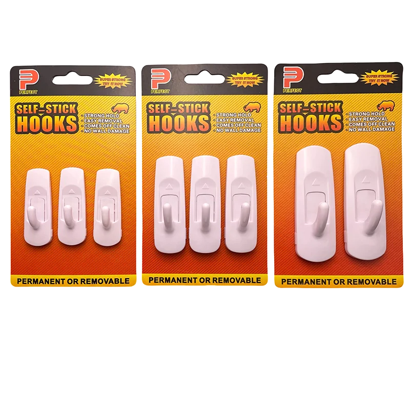 Multiple Sizes Self Adhesive Plastic Coat Hooks Removable Robe Hook Blister Packing or in Bulk